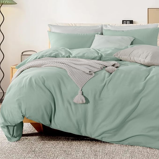 NEXHOME PRO Green Duvet Cover Set California King Linen Feel Textured Organic Natural 100% Washed Cotton Duvet Cover 3 Pieces Bedding Set with Zipper Closure, Breathable, Soft (No Comforter)