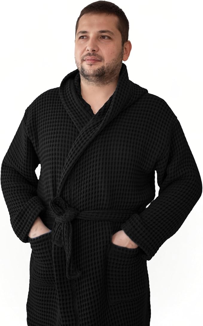 100% Turkish Cotton Men's Waffle Robe with Hooded, Premium Soft Cozy Housecoat or Quick-Dry Bathrobe for Mens