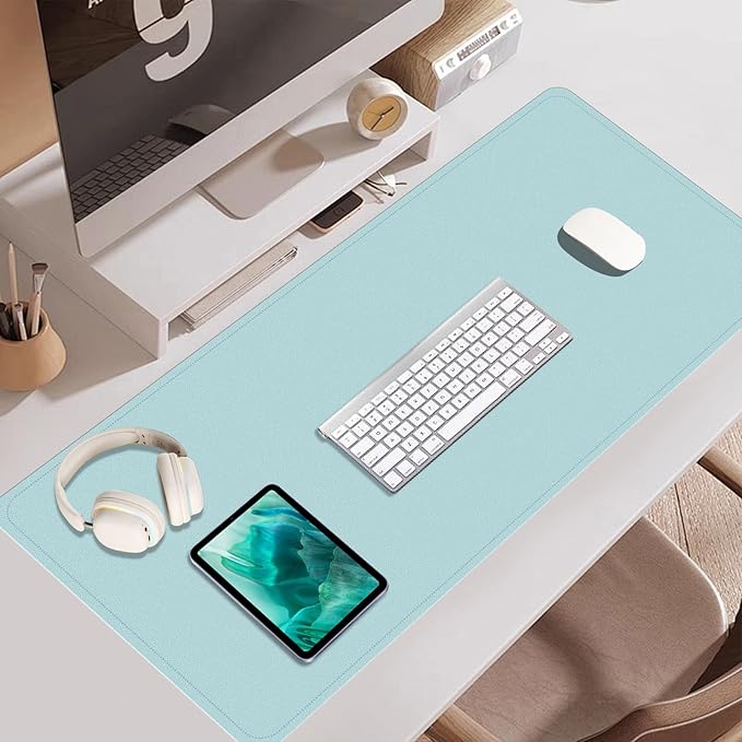 Dual-Sided Desk Pad, Natural Cork & PU Leather Mouse Pad for Desk, Desk Pad Protector, Non-Slip Desk Mat for Office and Home Work, (Light Blue, 23.6" x 13.7")