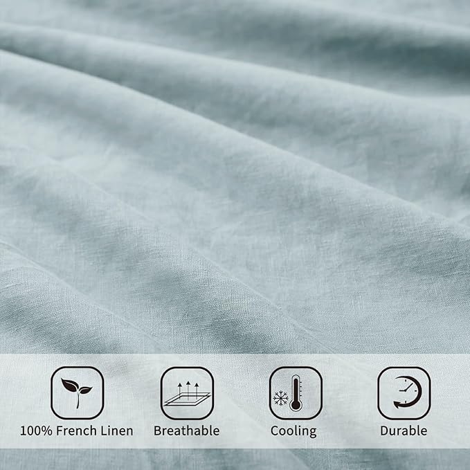 ATLINIA 100% Pure Flax Linen Bedding Set - Stone Washed French Linen Fabric Deep Pocket Fitted Sheet Farmhouse Flat Sheet 2 Pillowcases (Dusty Blue, Queen)