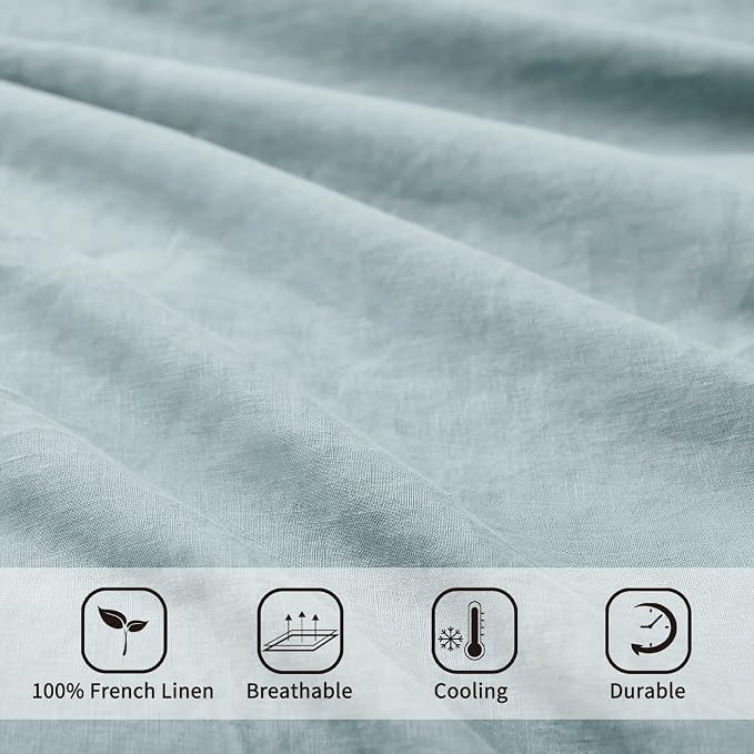 ATLINIA 100% Flax Linen Duvet Cover Set - Stone Washed Pure French Linen Organic Fabric for Farmhouse Comforter Boho Bedding Included 1 Duvet Cover 2 Pillow Shams(Dusty Blue, Queen)