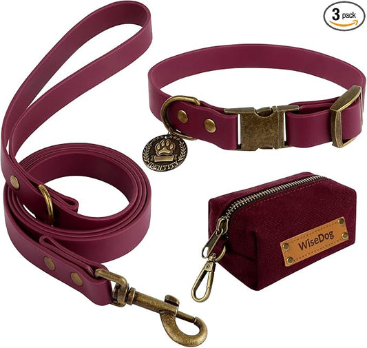 Wisedog Waterproof Dog Collar and Leash Set, L, Burgundy | Adjustable Puppy Collar, Cute Tag, 5FT Leash, Includes Poop Bag, For Small Medium Large Dogs