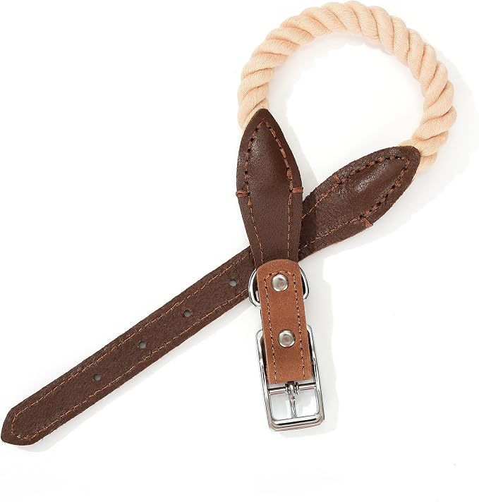 Mile High Life Genuine Leather Dog Collar, Durable Braided Cotton Rope Collar with Metal Pin Buckle for Small Medium Large Dogs (Light Brown, L Neck 17"-21")