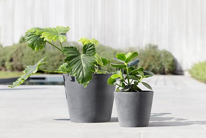 Ecopots Amsterdam Durable Modern Round Indoor/Outdoor Recycled-Based Composite Flower Pot Planter w/Water Reservoir, Grey, 8"