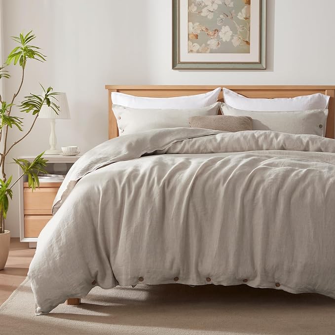 TOSMO 100% Linen Duvet Cover Set with Button Closure, 2 Pieces (1 Duvet Cover with 1 Pillowcase), Soft Breathable Durable Farmhouse Bedding - Twin, Natural Linen