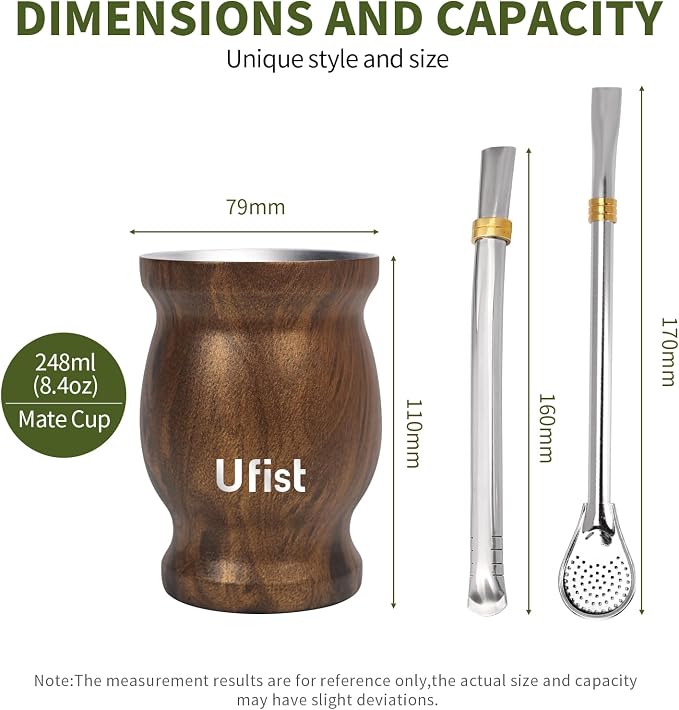 8.4oz Classic Argentina Yerba Mate Cup and Bombilla Set, Includes Stainless Steel Mate Gourd, 2pcs Bombilla Straws and Clean Brush (Wood Grain)