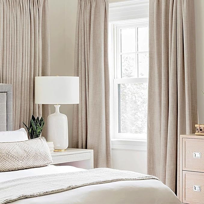 MIULEE 100% Blackout Linen Textured Curtains for Bedroom 112 Inches Extra Long Thermal Insulated Natural Beige Grommet Room Darkening Curtains & Drapes Luxury for Living Room Nursery (2 Panels)