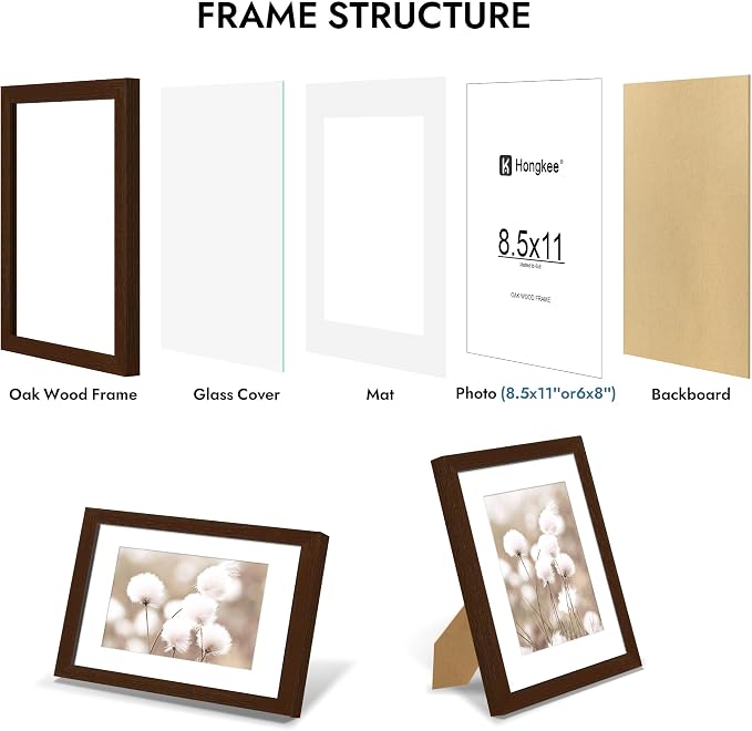 Hongkee 8.5x11 Oak Wood Picture Frame 1 Pack(Matted 6x8), Real Glass Cover | Walnut, 8.5 x 11 Solid Wood Frame for Wall or Tabletop Display - Includes Easel Back, Vertical Hang - Ideal for Home, Office
