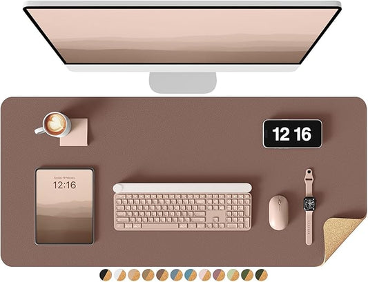 YSAGi Double-Sided Desk Pad, 35.4"x17"Leather Desk Mat, Eco Cork Desk Pad Protector,Large Mouse Pad,Waterproof Desk Blotter for Office/Home(Chocolate)