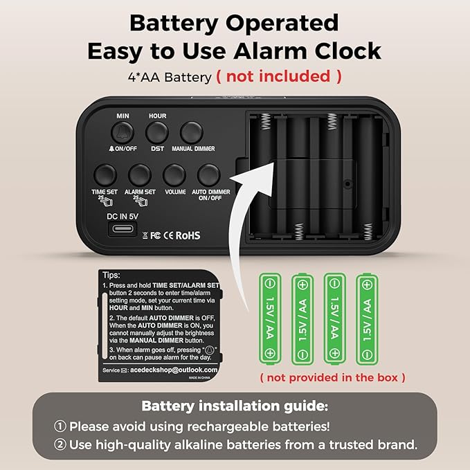 Acedeck Battery Operated Digital Clock: Cordless Small Alarm Clock for Bedroom Travel - Large Numbers 4 Dimmers for All Ages White Digits