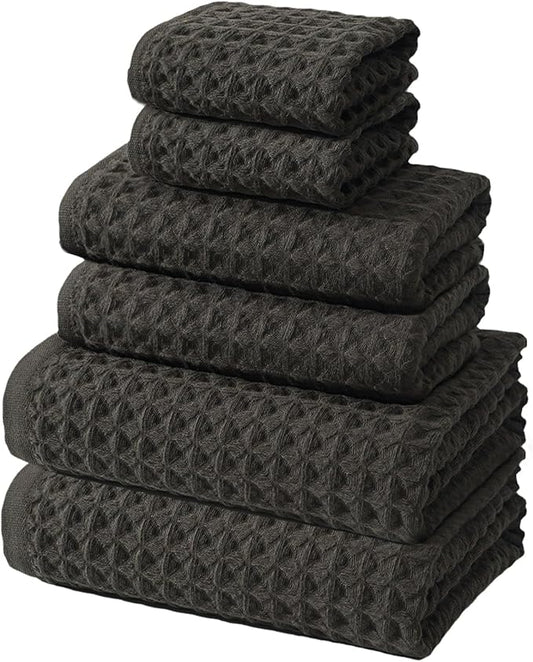 SK Studio 6 Piece Waffle Bath Towel Set, Cotton Hotel Large Absorbent Quick Dry with 2 Towels, 2 Hand Towels, 2 Washcloths for Spa Coffee