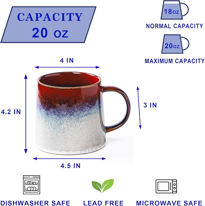 Large Ceramic Coffee Mugs, 20 oz Handmade Pottery Mug, Big Tea Cups with Handle for Office and Home, Dishwasher and Microwave Safe (Ink Red)