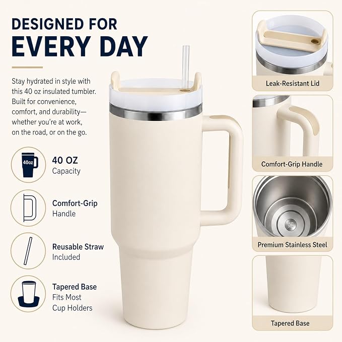 Pandance 4 Pack 40 oz Tumbler with Handle and Straw Bulk, Cream | Stainless Steel Vacuum Insulated Travel Mug, Sturdy Screw-on lid, Cup Holder Friendly, Large Capacity Cup For Iced Coffee
