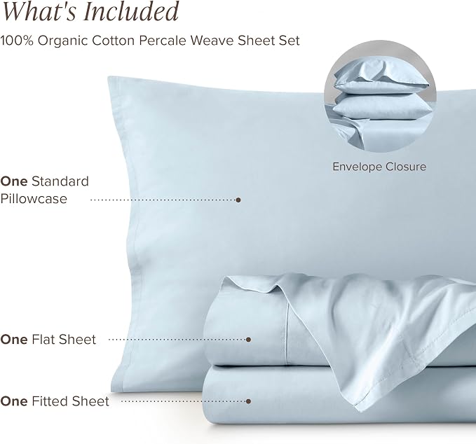 Bare Home 100% Organic Cotton Twin XL Sheet Set - Crisp Percale Weave - Lightweight & Breathable - Bedding Sheets & Pillowcases (Twin XL, Winter Blue)