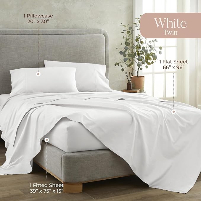 100% Organic Cotton Sheets Twin Size - GOTS Certified Organic Bed Sheets with Deep Pocket 300 Thread Count & Cozy Sateen Weave Gets Softer with Each Wash - Luxury 3 Piece Set (White, Twin)
