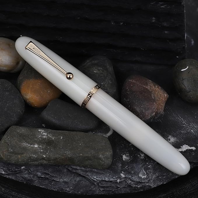 Jinhao 9019 DaDao Series Fountain Pen, Size 8 Medium Heartbeat Nib with Large Ink Converter, Ivory White Acrylic Design Smooth Writing Pen (Gold Trim)
