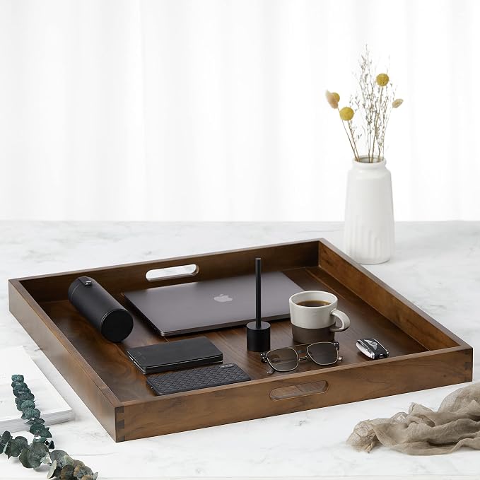 24 x 24 inches Black Walnut Extra Large Ottoman Tray Wood Trays with Handles Square Wooden Solid Serving Tray for Oversized Ottoman Living Room