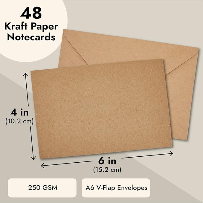 Sustainable Greetings Blank Cards & Envelopes - Customizable Greeting Card & Wedding Invitation Set - Bulk Thank You Notes & Envelopes - Printer-Friendly Stationery Set - 48-Pack, 4x6 in, Brown