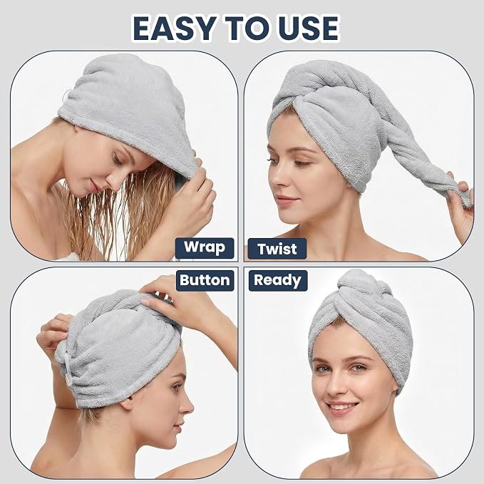 Mandydov 100% Cotton Hair Towel Wrap for Women, 2 Pack Thickened & Super Absorbent Turbans, Anti Frizz Quick Dry Hair Towels (Gray)
