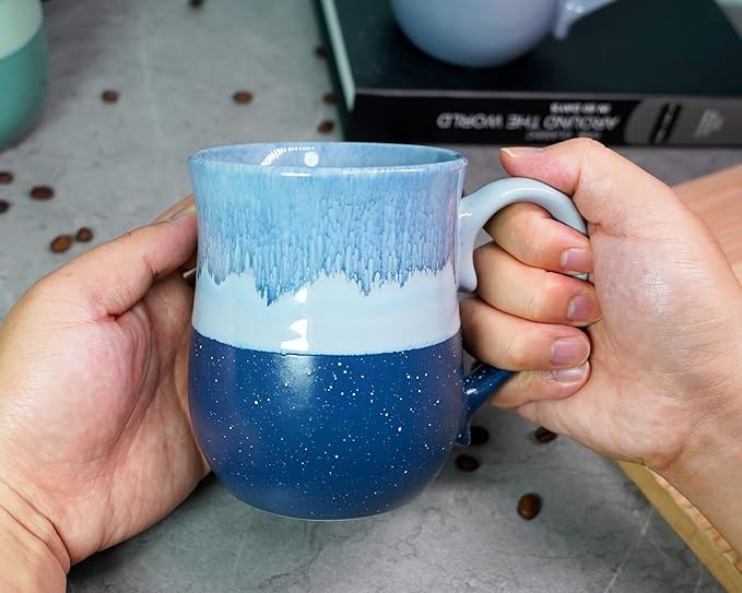 Large Ceramic Coffee mugs, 20 oz Big Tea Cups Handmade Pottery Mug, Large Handle Coffee Mug for Office and Home, Microwave and Diahwasher Safe. (Light&Deep Green)