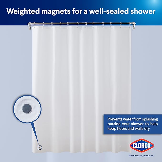 Clorox Shower Curtain Liner, Premium Lightweight Flexible Waterproof 3g PEVA for Bathroom with Weighted Magnets, Standard Size 70" x 72", White 1 Pack