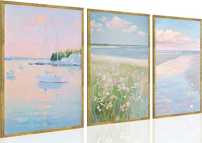 Coastal Pink Wall Art Set of 3 Maximalist Ocean & Beach Landscape Canvas Poster Trendy Sailboats Flowers Sunset Painting Pastel Picture Prints for Bedroom Home Decor 8x12inch Gold Framed