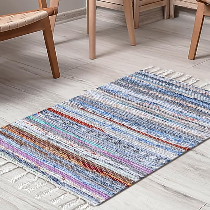 Cotton Chindi Rug - Boho Rustic Area Accent Throw Rug - Area Floor Carpet for Bedroom Living Room Kitchen Dorm Entryway Hallway - 20x32 inch Hand Woven Reversible Rug Pastel Multi Color