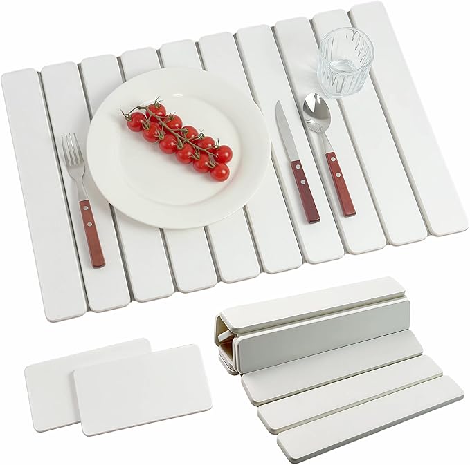 Diatomaceous Earth Stone Dish Drying Mat for Kitchen Counter – Quick Drying Mat Set (1*Large 23"×15.5" & 2*Small 7.5"×4") | Kitchen Drying Mat for Dishes, Cups & Utensils, Sink Mat (White)
