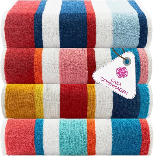 CASA COPENHAGEN Bora Bora Beach Towels Designed in Denmark Rough and Tough, Quick Dry, for Pool, Bath & Shower 30x60 inches 4 Pieces Cotton Beach Bath Towels Set - Pink, Red, Yellow, Turquoise