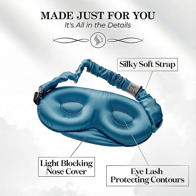 SLEEP SANCTUARY 100% Pure Mulberry Silk Sleep Mask - 22 Momme Light Blocking 3D Contour Silk Eye Mask for Sleeping - Secure Fit for Side Sleepers, Women & Men - Cloud Soft (Peacock Blue)