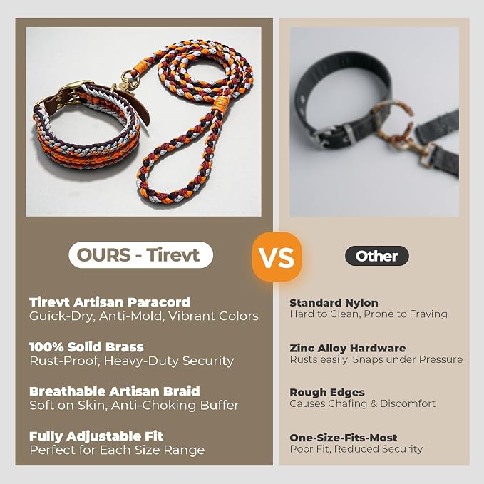 Tirevt Hand-Woven Dog Collar and Leash Set:Color-Block Design, Premium Reinforced Buckle, Adjustable Artisan Paracord for Puppies, Small, Medium & Large Dogs (Orange, L)