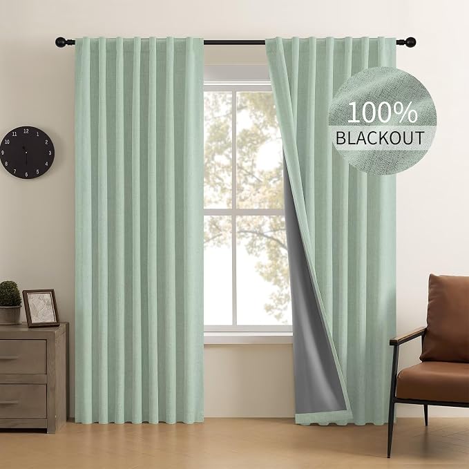 CUCRAF Linen 100% Blackout Curtains 84 Inch Length 2 Panels Set, Back Tab and Rod Pocket Curtain for Living Room Bedroom, Room Darkening Window Drapes Thermal Insulated, (52x84 inch, Sage Green)