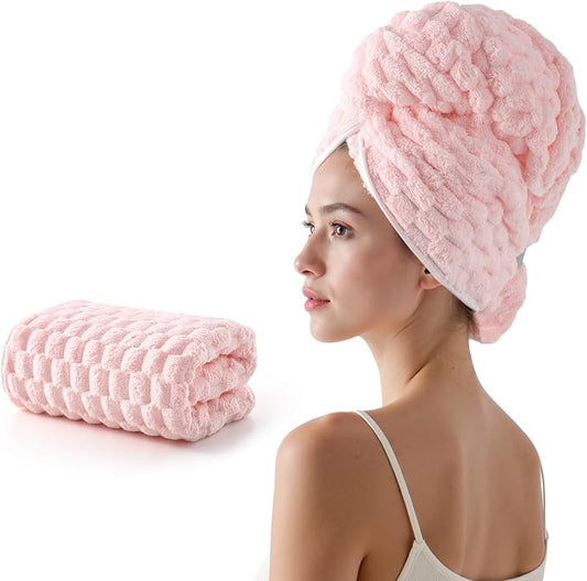 REDKISS Pink Microfiber Hair Towels - Extra Large Hair Towel Wrap for Women, 24x42 inch Hair Towels with Elastic Strap, Super Soft Hair Drying Towels for Long, Thick, Curly Anti Frizz Turbans