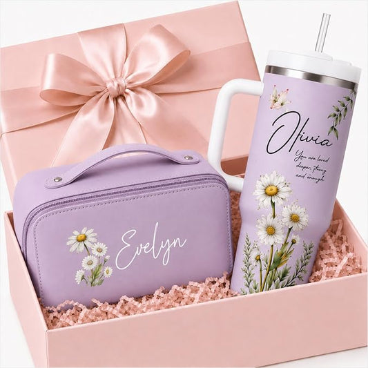 Personalized 40 oz Floral Tumbler with Optional Makeup Bag, Custom Name Insulated Stainless Steel Travel Cup with Straw, Personalized 2-In-1 Gifts for Teacher Appreciation, Women Mom Sister Grandma