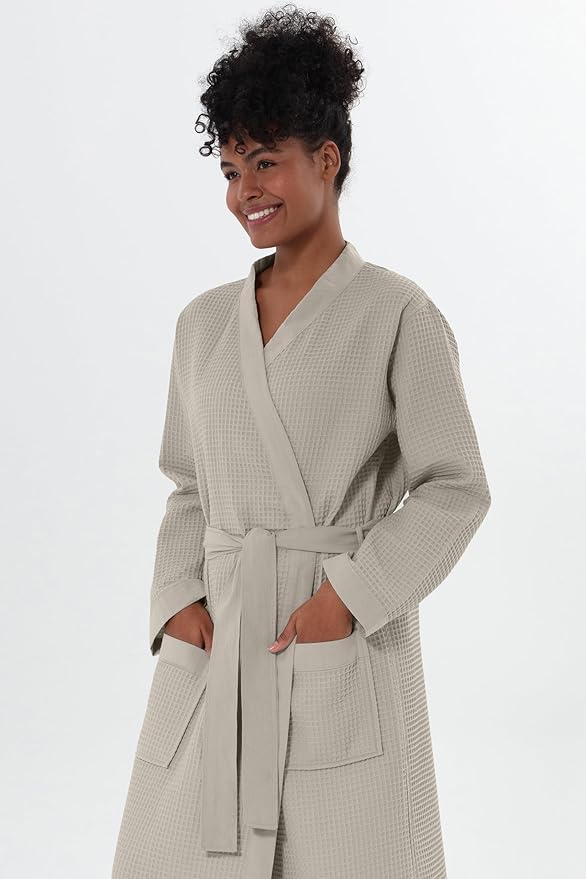 SEYANTE Women's Organic Cotton Waffle Kimono, Hooded Robe – GOTS Certified Lightweight Full-Length Spa Bathrobe with Piping