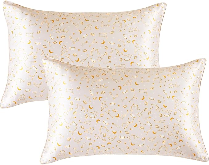 THXSILK Set of 2 Mulberry Silk Pillowcase for Hair and Skin, Mulberry Silk Pillow Case Standard Size, Real Silk Pillowcase with Concealed Zipper(Peachy Beige Constellation Pattern, Standard)