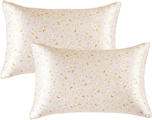 THXSILK Set of 2 Mulberry Silk Pillowcase for Hair and Skin, Mulberry Silk Pillow Case Standard Size, Real Silk Pillowcase with Concealed Zipper(Peachy Beige Constellation Pattern, Standard)