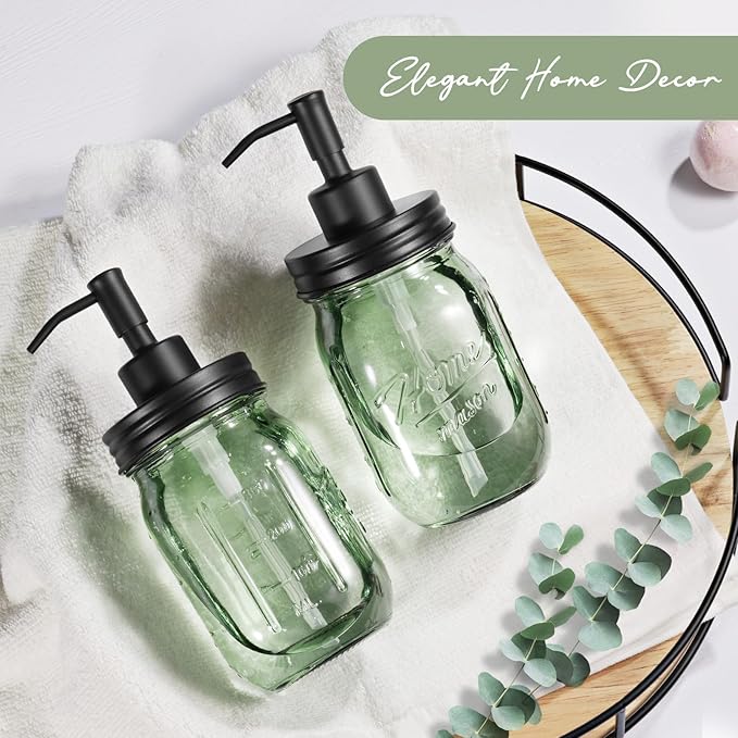SheeChung Mason Jar Green Glass Soap Dispenser, Stainless Steel Pump, Refillable Dish soap Dispenser for Kitchen, 16Oz Bathroom Hand Soap Dispenser for Lotion, Liquid, Farmhouse Decor-Black, 1 Pack