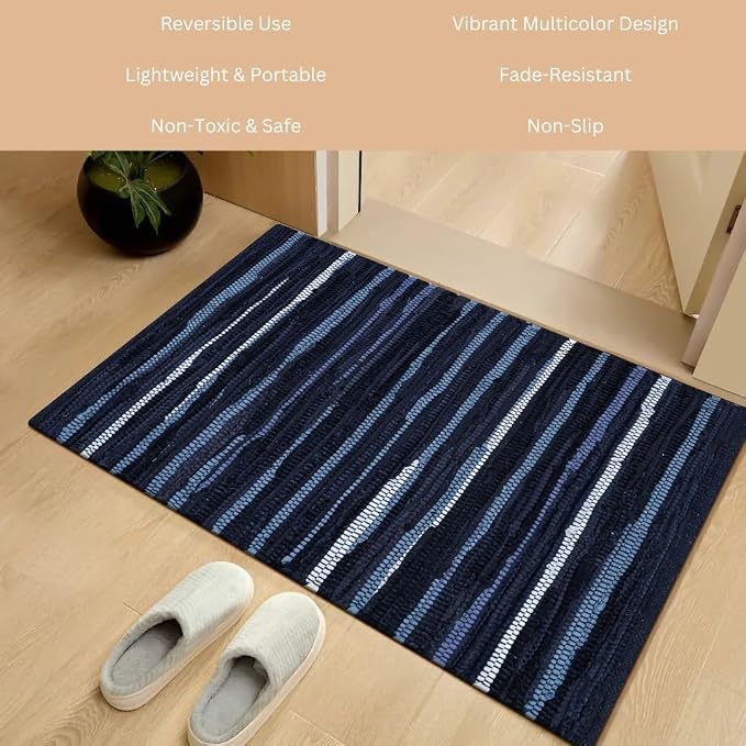 WeWove Hand Woven Chindi Rug Cotton - Boho Rustic Farmhouse Area Accent Throw Rug - Area Floor Carpet for Bedroom Living Room Kitchen Dorm Entryway Hallway - 20x32 inch Area Rug Blue Multi