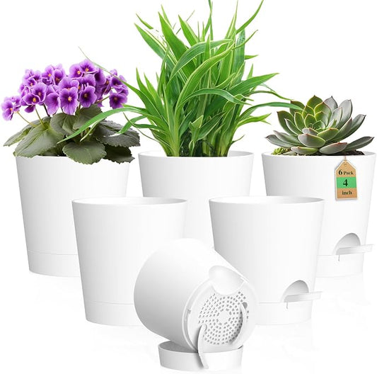 WSMKSZ 4 inch Self Watering Pots for Indoor Outdoor Plants, 6 Pack Plastic Flower Planters with Drainage Holes and Removable Saucers, Plant Pots with Wicking Rope, Modern Decor, White