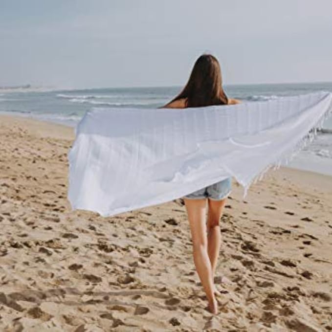 InfuseZen Stonewashed Turkish Cotton Bath and Beach Towel - Off White | 100% Organic, Thin, Soft, Lightweight, Absorbent, Quick-Drying, Large Peshtemal, Sand-Resistant for Shower, Pool, Spa, Travel