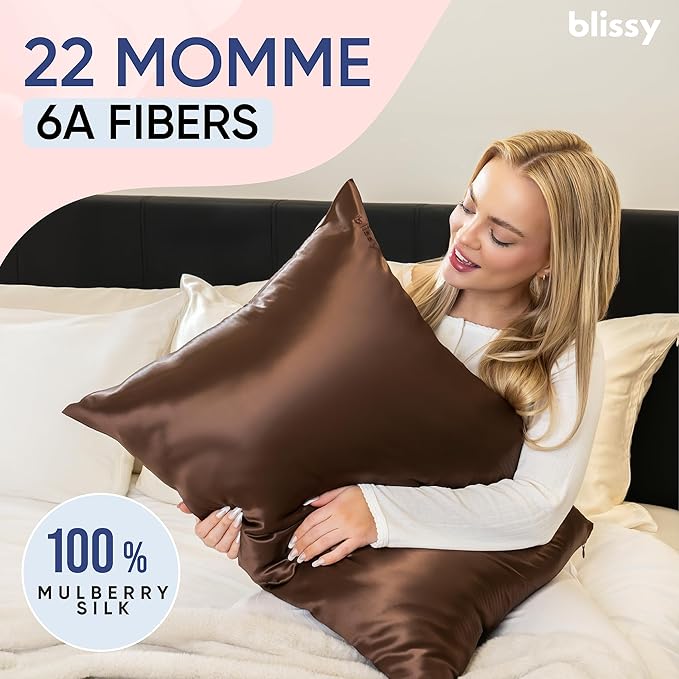 Blissy Silk Pillowcase - 100% Pure Mulberry Silk - 22 Momme 6A High-Grade Fibers - Silk Pillow Cover for Hair & Skin - Regular, Queen & King (Chocolate, King)
