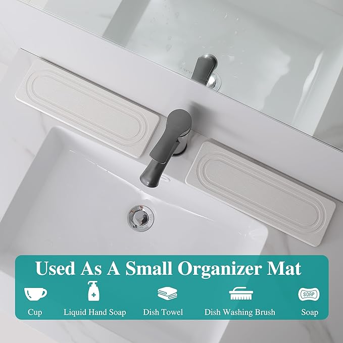 2PCS Water Absorbing Stone Tray for Sink, Quick Drying Diatomite Bathroom Tray Countertop, Stone Drying Mat for Kitchen Counter Faucet, Soap Dish Dispenser Vanity Organizer, White-11.8" x 4"