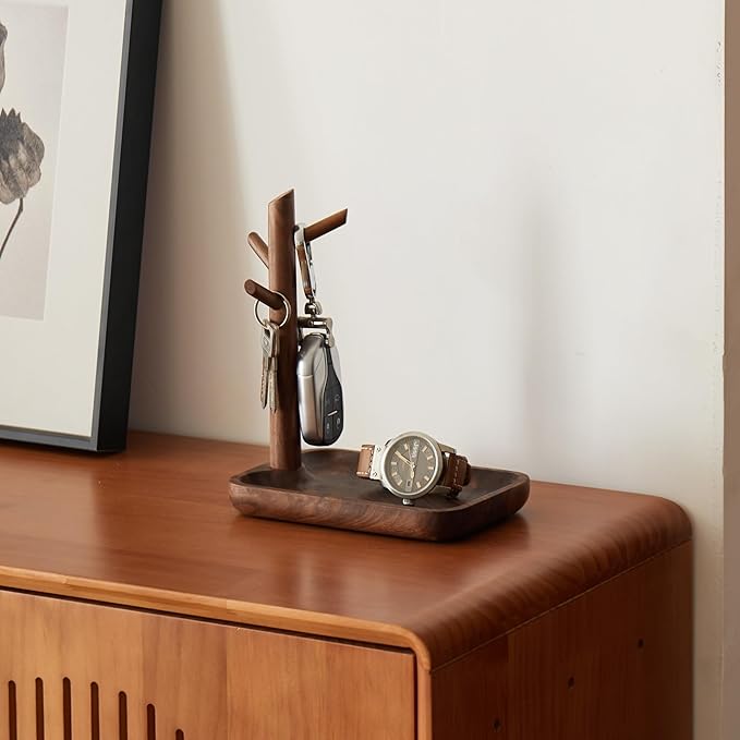 Black Walnut Solid Wood Key Dish Bowl for Entryway Table Square Tray With 3 Hooks, Open Storage for Keys, Wallet, Jewelry (Walnut, small)