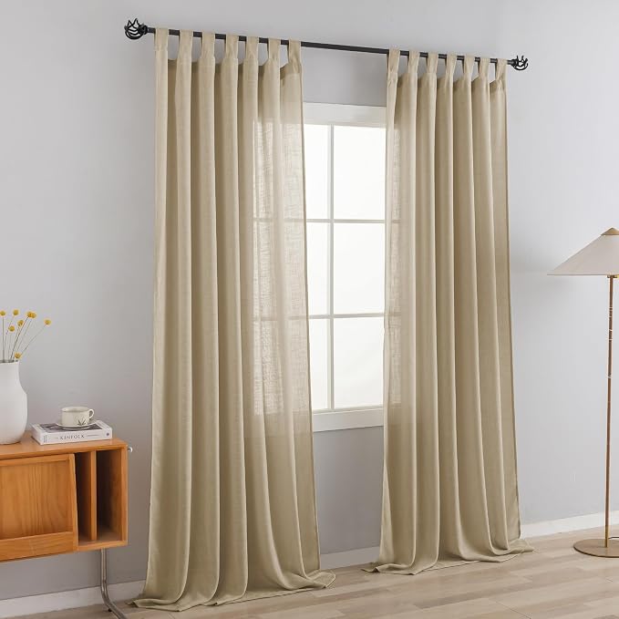 Linen Semi Sheer Curtains Tab Top Light Filtering Elegant Curtains & Drapes for Bedroom (Khaki, 52" W x 96" L, Pack of 2)