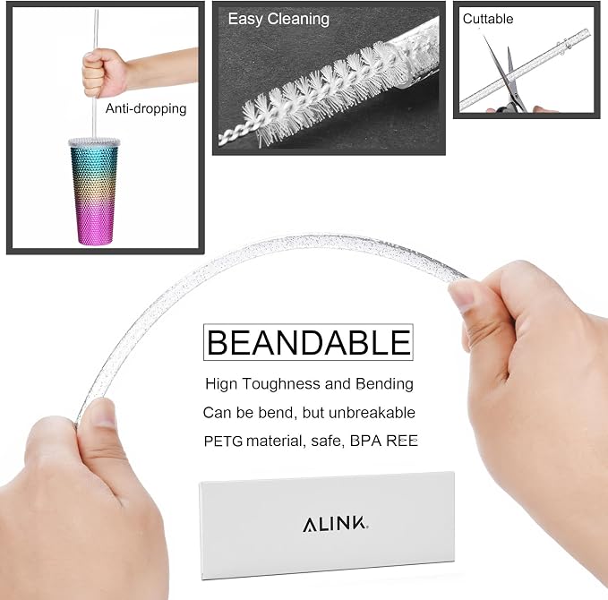 ALINK 12-Pack Reusable Glitter Straws, 13 in Extra Long Hard Plastic Clear Tumbler Straws for Stanley Owala 40 oz Tumbler, 1 Gallon Jug, 64/32 oz Tall Bottles, Starbucks with Brush