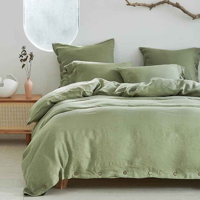 Simple&Opulence 100% Linen Duvet Cover Set 3pcs with Coconut Button Closure Natural French Washed Flax Solid Color Soft Breathable Farmhouse Bedding - Sage Green, Full Size