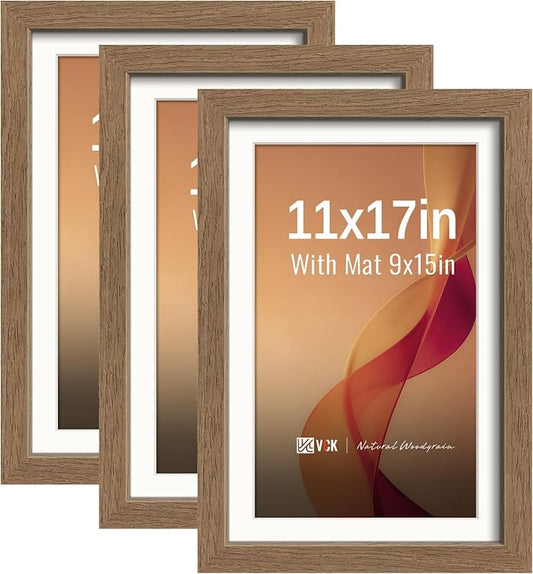 VCK 11x17 Poster Frames Walnut 3 Pack, Wide Border Wood, Tempered Glass, Display 9x15 Picture Photo with Mat or 11 x 17 Without, for Home, Office, Gallery, Woodgrain Series, Wall Hanging