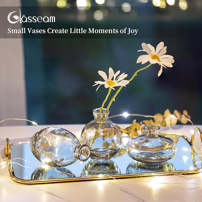 Glass Bud Vase for Centerpieces, 6Pcs/2Sets Glasseam Modern Gray Mini Small Vases for Flowers Bulk Flower Vase Set Aesthetic Cute Handmade Tiny Short Wedding Table Centerpiece Decor