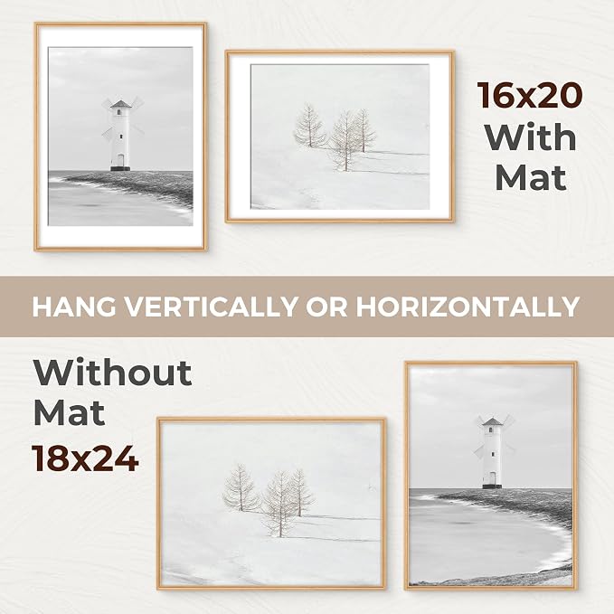 18x24 Picture Frame with Mat for 16x20, USA-Sourced Beech Wood Handcrafted Rounded Corner with HD Tempered Glass, 18 x 24 Gallery Wall Frames for Posters & Art Prints, Vertically or Horizontally